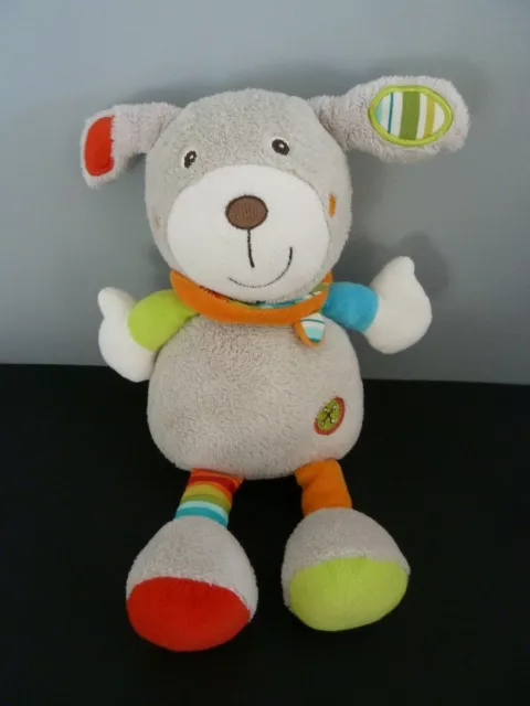 *. DOUDOU PELUCHE BABYSUN CHIEN GRIS FOULARD ORANGE VERT ROUGE BOUTON 26c NEUF*