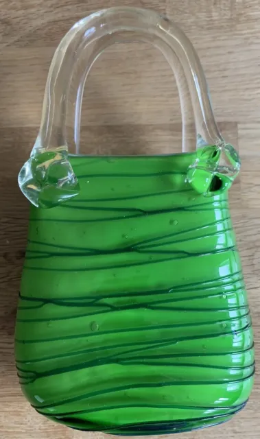 Vintage Glass Green Striped Handbag Decorative Vase  Murano Style Hand Blown