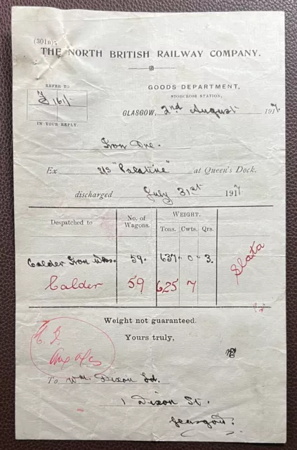 1917 The North British Railway Company, Stobcross Station, Glasgow Invoice