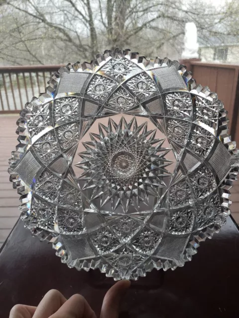 9" Round Low Bowl American Brilliant Period Cut glass Crystal Hobstar geometric