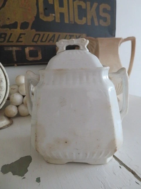 THE BEST Old Vintage STAINED WHITE IRONSTONE Large SUGAR BOWL with Lid