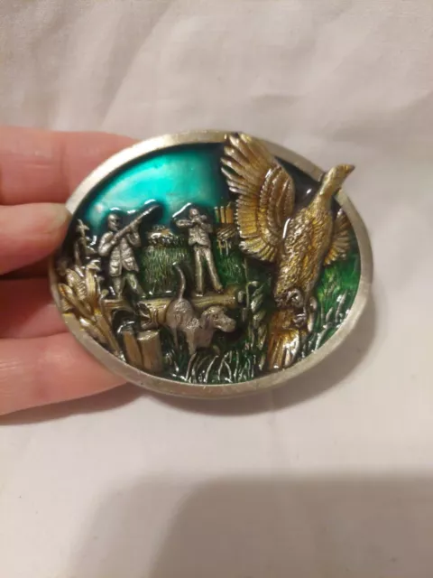 1983 Bergamot Brass Works Enameled Pheasant Hunting Belt Buckle USA