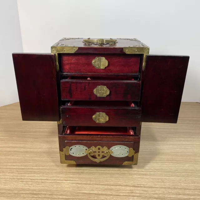 Vintage Chinese Wooden 4 Drawer Jewelry Box Brass W/Carved Stone Work MCM