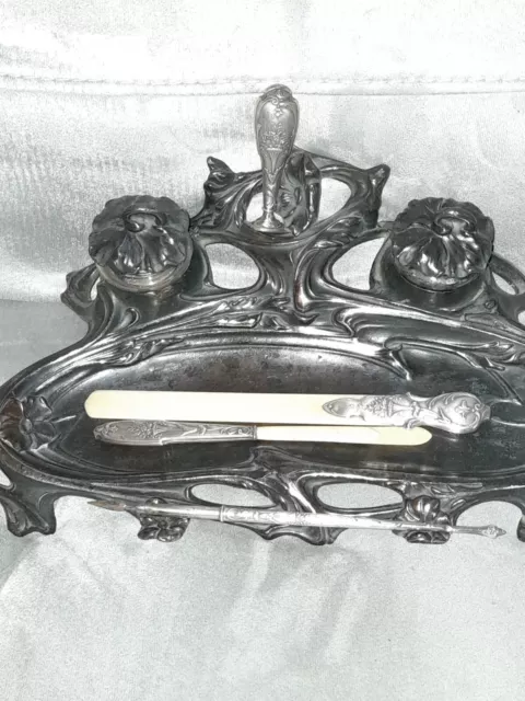 Encrier Double Style Art Nouveau / Encrier Ancien En Étain Epoque 1900