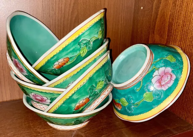 19th-C 7 Pc Lot Chinese Export Porcelain Nyonya Straits Tung Chih Bulb Bowls