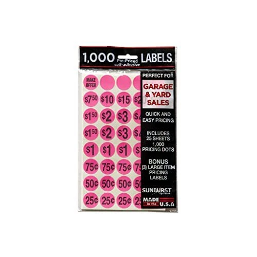 7035 Priced Garage Sale Stickers, 1,000 Count Pre-Printed Labels, Pink
