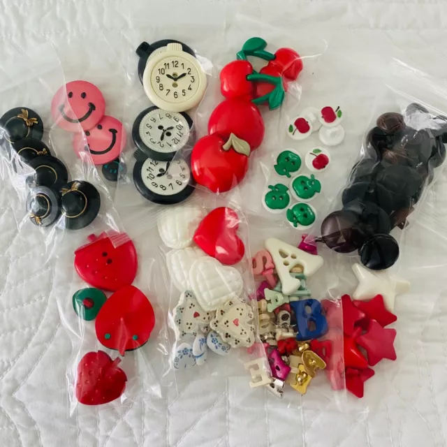 Huge Lot Vintage Button Collection 42 Pkgs Dog Cat Fruit Clock Alphabet LuckyDay