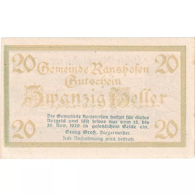 [#287960] Austria, Ranshofen, 20 Heller, château 1920-11-30, UNC, Mehl:FS 819, A