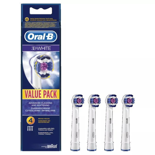 4 Pack Braun Oral-B 3D WHITE Electric Toothbrush Replacement Brush Heads White