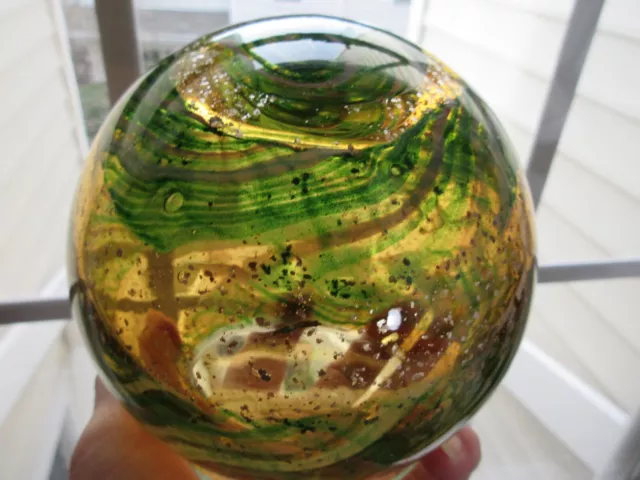 Blown Glass Decorative Ball Orb Amber, Green/White Swirl & Gold  5” Across, VGC