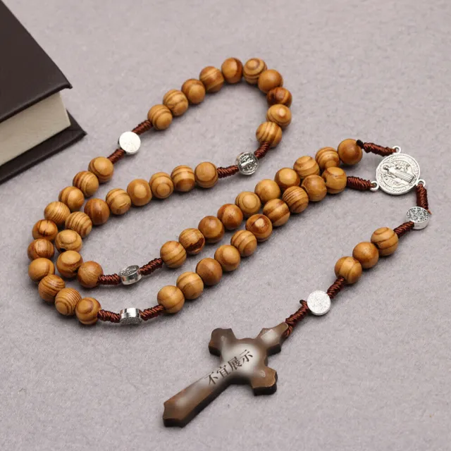 10mm Wooden Rosary Beads Necklace Christian Cross Catholic Rosary Beads