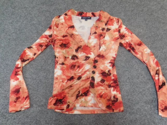 Jones New York Womens Blouse Small orange floral buttons  pullover stretch