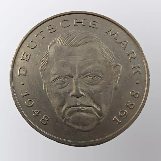 2 DM Münze Ludwig Erhard 1948 - 1988 Prägung 1989 F Deutsche Mark BRD