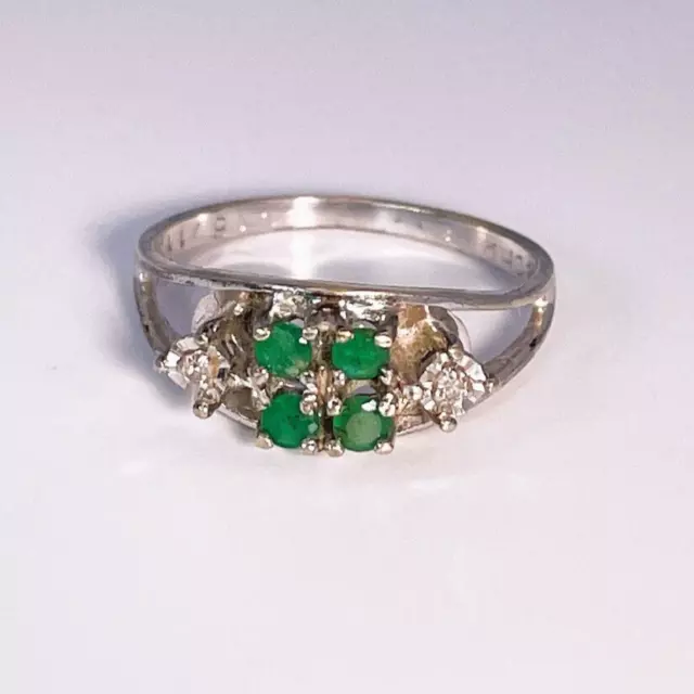 DAINTY 1950s NATURAL Emerald Diamond Ring Old Cut 8K White Gold Mid Century Fine