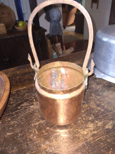 Antique Handforged HTF RARE Curled Handle Primitive Copper Hearth Hanging Pot