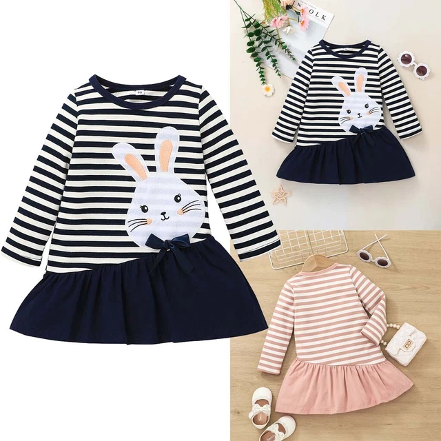 Toddler Kids Baby Girls Rabbit Outfits Long Sleeve Striped Romper Dress Clothes