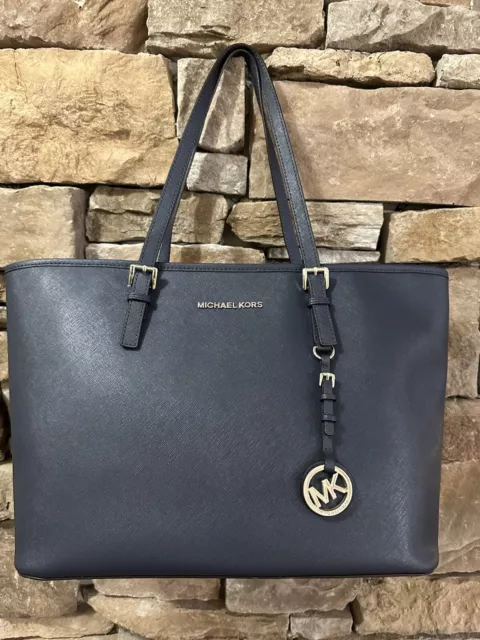 Michael Kors Large Navy Blue MK Saffiano Leather East West Tote Bag Shoulder bag