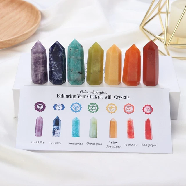 Natural 7 Chakra Healing Crystal Point Wand Reiki Quartz Rock Stone Column + Box
