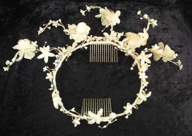 Old Antique French Brocante Bridal Crown Diadem Tiara Flowers Wax Balls, Icicles