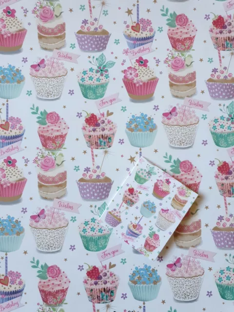 2 Sheets Of Thick Cupcake Birthday Wrapping Paper With 2 Matching Gift Tags