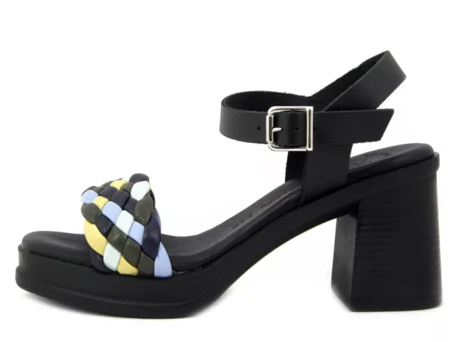 Sandales Femmes Cuir Noir Et Multicolore Talon Medium 7 CM Plateau RAQUEL PEREZ