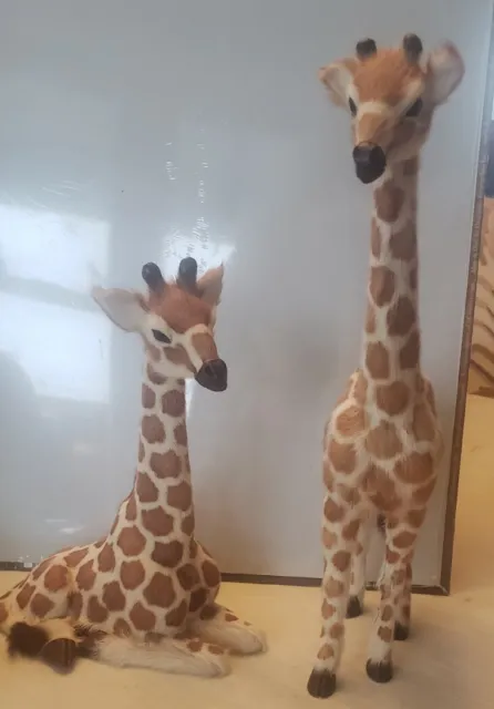 Pair Of Giraffe Figurines Made With Real Goat Fur 12" & 9"