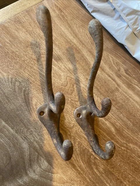 2 Vintage  Cast Iron Heavy Duty 3-Hook Wall Hall Tree Coat Hooks 2