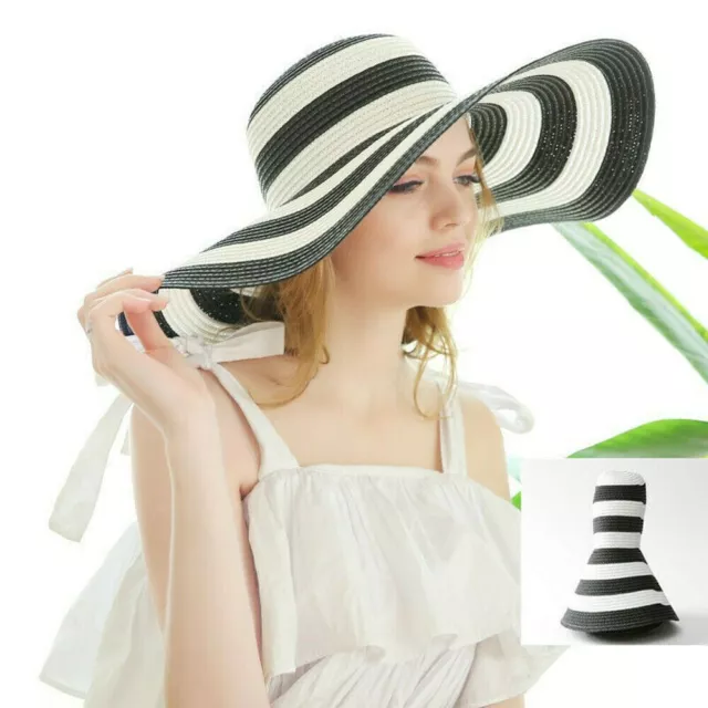 Women's Sun Beach Straw Hat Summer Wide Brim Floppy Foldable Striped Sun Cap