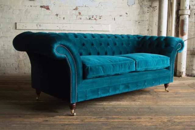 Handmade 3 Seater Plush Dark Teal Blue Velvet Chesterfield Sofa, Fabric Couch