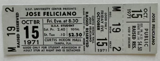 Jose Feliciano Concert Ticket 1971 Tampa Florida Curtis Hixon Hall