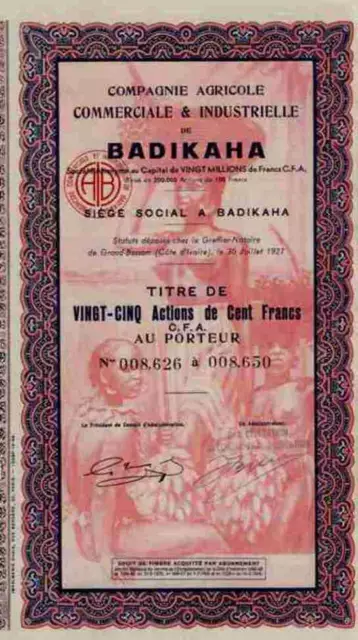 Agricole De Badikaha 1927 Côte d'Ivoire Elfenbeinküste 2500 Francs Gründeraktie