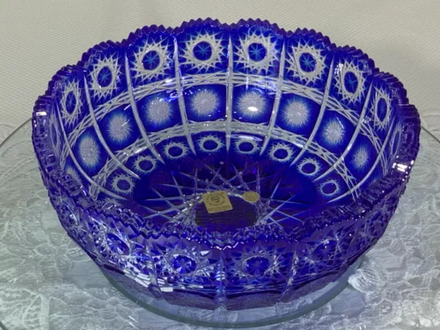 Cut to clear Caesar Bohemian Cobalt Blue Bowl 8" Queen Lace Pattern