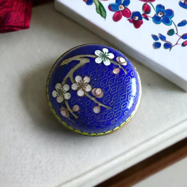 Antique Chinese Cloisonné Seal Paste Box Round Cherry Blossoms