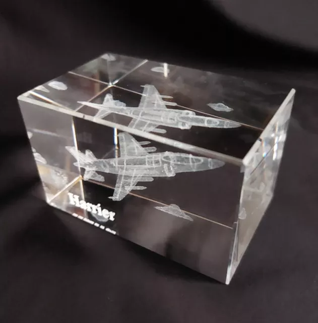 3d Laser Etched Crystal Paperweight Rectangle Cube - Harrier Jet