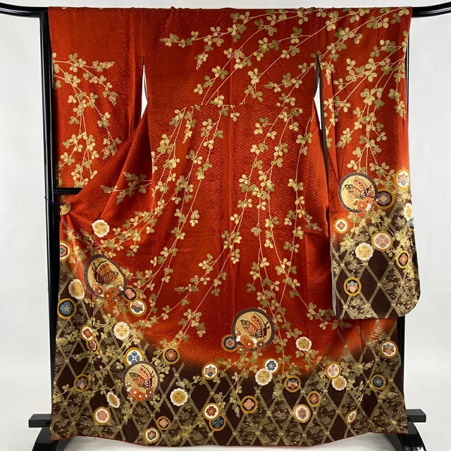 Japanese Silk Furisode Kimono M Size Mudder Red Gold Black Flower Butterfly