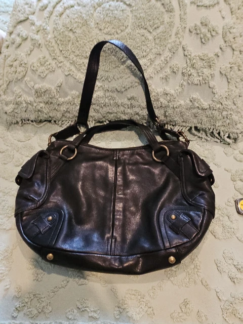 Perlina Womens Shoulder Bag Black  Leather Magnetic Outside Pockets Dual Handle