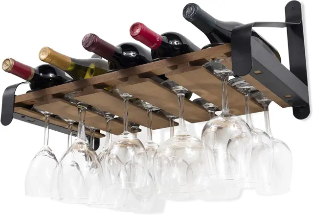 Barrel Wall Mount Wood Floating Wine Rack with Glassware Holder Stemware Shelf O