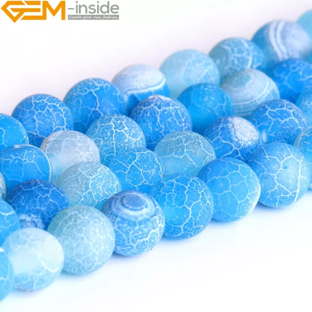 Round Frost Blue Agate Gemstone Jewelry Making Loose Beads Strand 15" 6mm 8mm 3