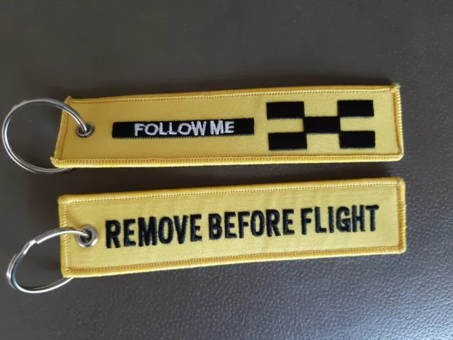 Remove before Flight-Follow me - Gelb/Schwarz-Schlüsselanhänger-Schrift gestickt