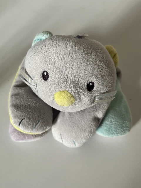 Doudou plat Souris Chat SUCRE D’ORGE gris violet jaune bleu Pioupiou brodé Bébé
