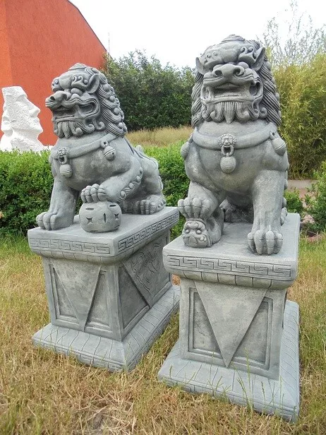 Tempellöwen Set "2 Fu Löwen" Fu Dogs Statuen Steinguss Tempelwächter Steinfigur