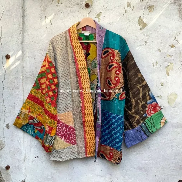 Indian Cotton Patchwork Handmade Kantha Quilted Jacket Multi Women Boho Coat