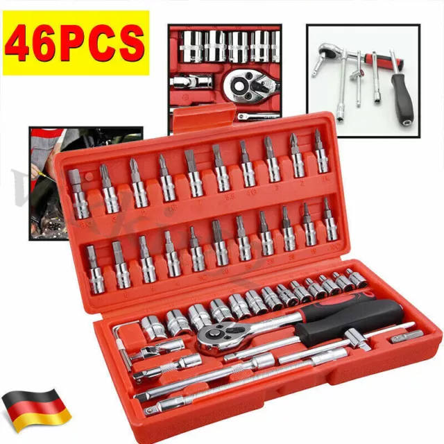 46 tlg Steckschlüssel Satz Set 1/4" Knarrenkasten Ratschenkasten Nusssätze Tools