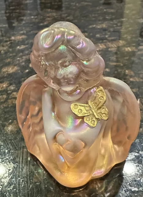 Fenton Pink  Iridescent Guardian Angel 3 1/2" With Gold Butterfly On Shoulder