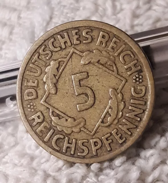 1925 A , Weimar Republic 5 Pfennig ~ Germany ~ Circulated German Bronze  Coin