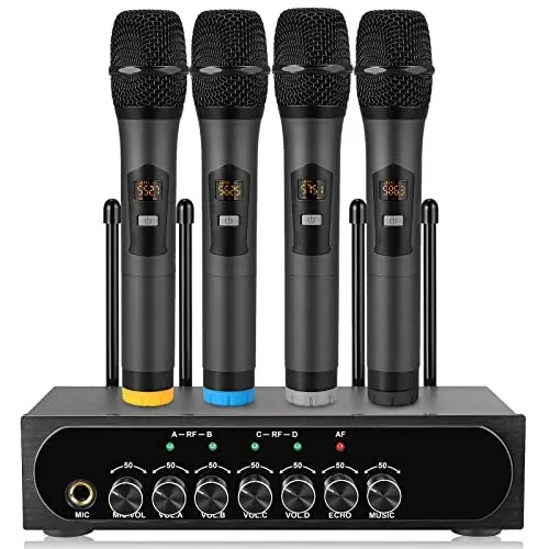 4 Channel UHF Wireless Microphone System Bluetooth 4.2 Receiver Four Handheld