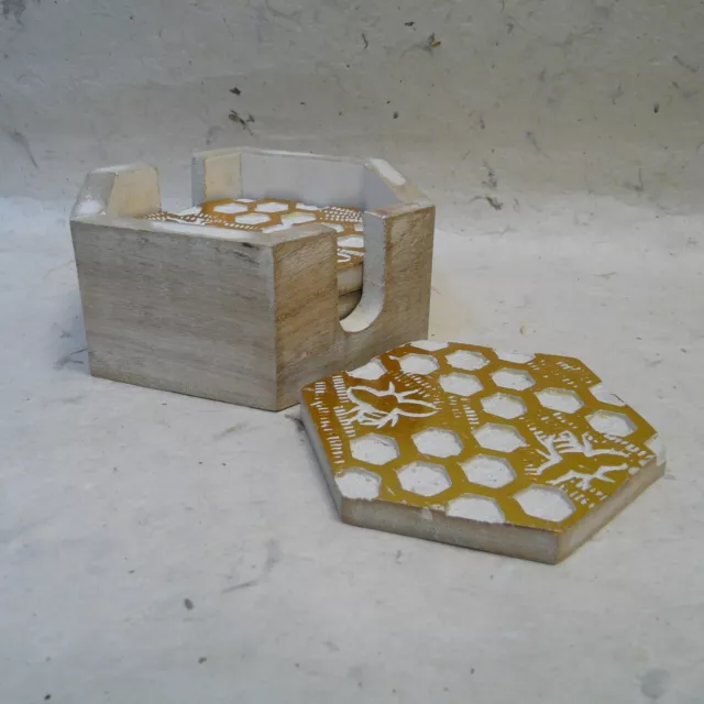 Coasters in Holder 4 Hexagonal Fair Trade Mango Wood White and Golden Honeycomb