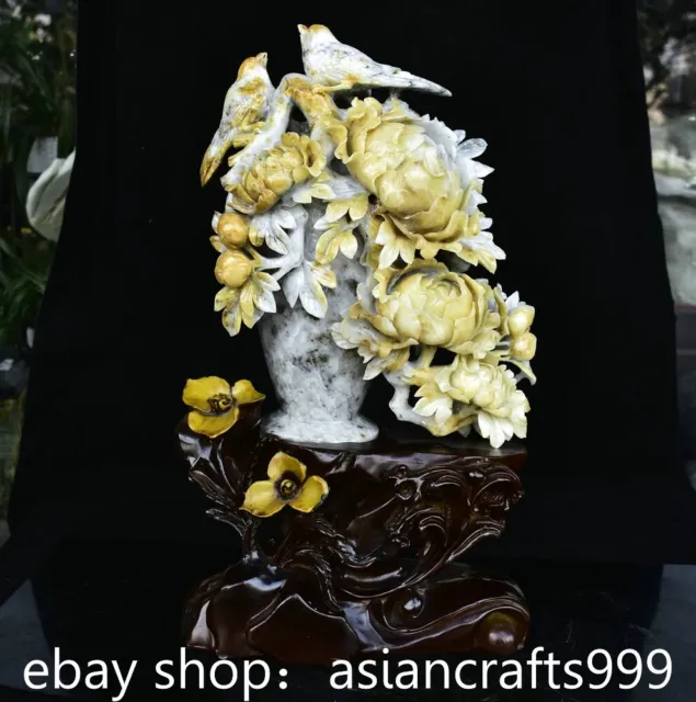 18" Alte China Natürliche Xiu Jade Schnitzen Pfingstrose Blume Vogel Flasche Vas