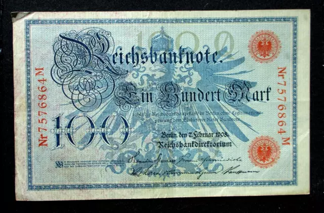 OLD BANKNOTE OF GERMANY (EMPIRE) 100 MARK 1908 BERLIN Nr 7576864M RED SEAL