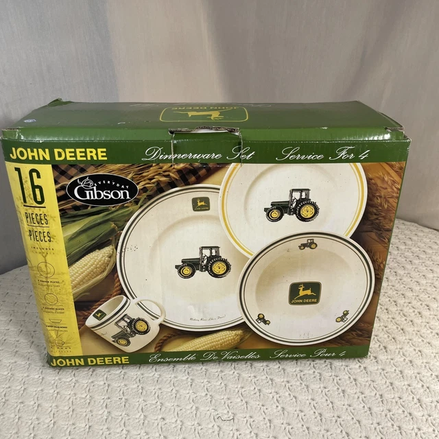 John Deere Gibson Dinnerware  Complete 16 Piece Set New In Box Plates Bowls Mugs